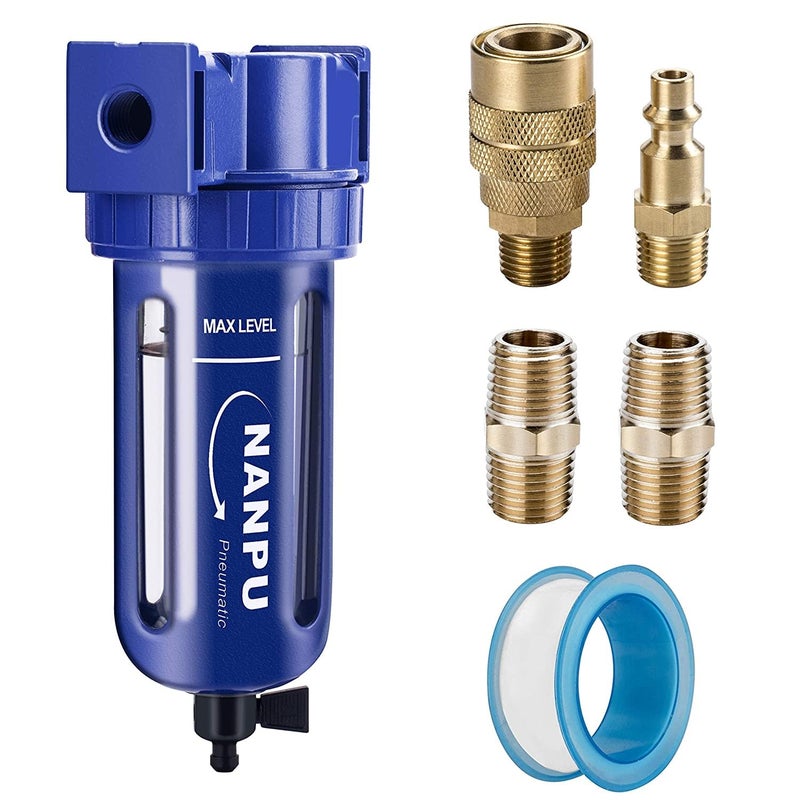 NANPU 1/2" NPT Compressed Air Filter, Zinc Alloy, 5 Micron Brass Element, Quick Release Bowl, Manual Drain, for Air Compressor ＆ Pneumatic Tools - Image 1